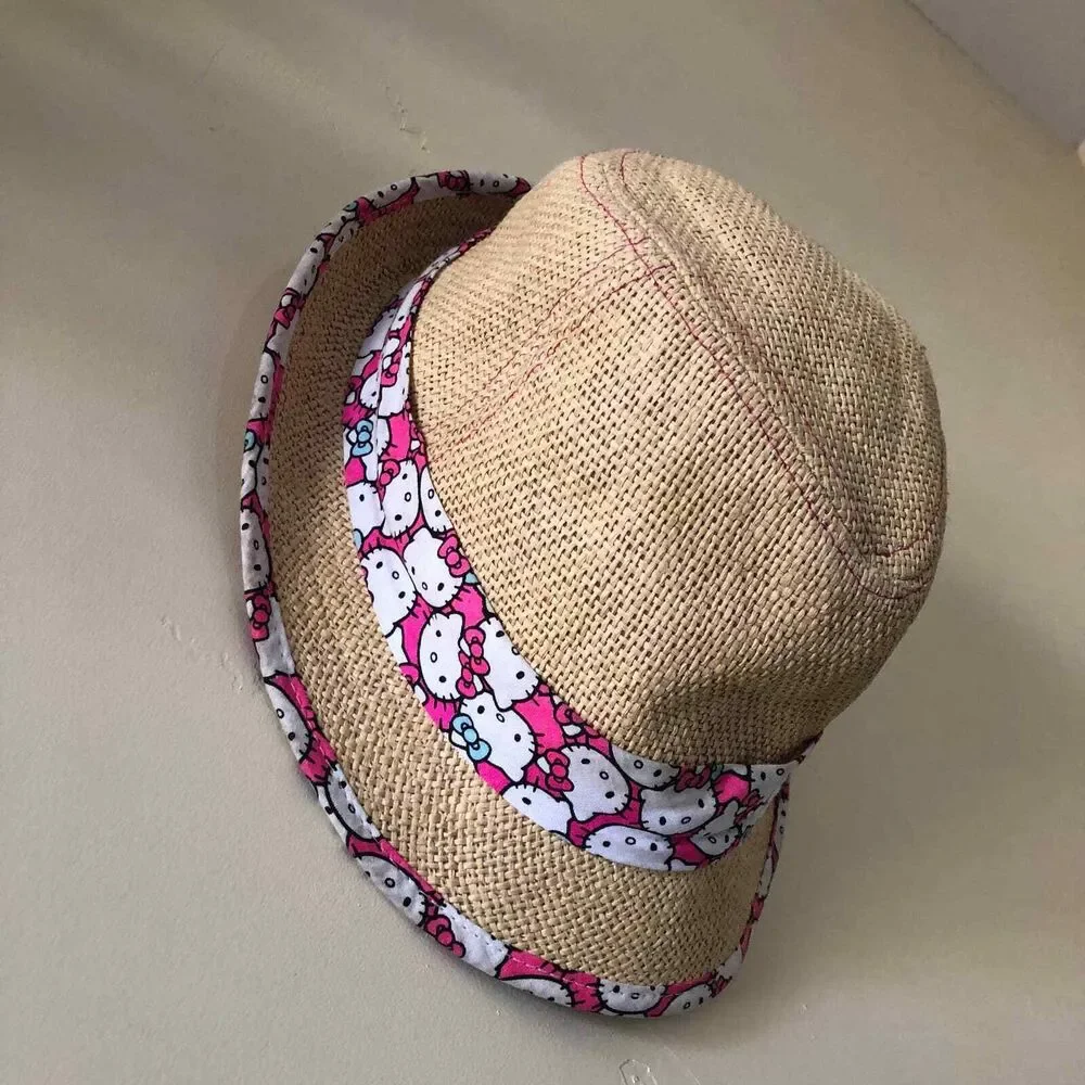 Hello Kitty Straw Hat Fedora Hat Pink Trim Size Medium / Large